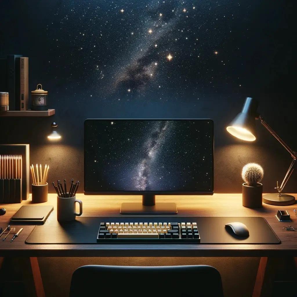 Computer/Desk Set-up with the universe in the background